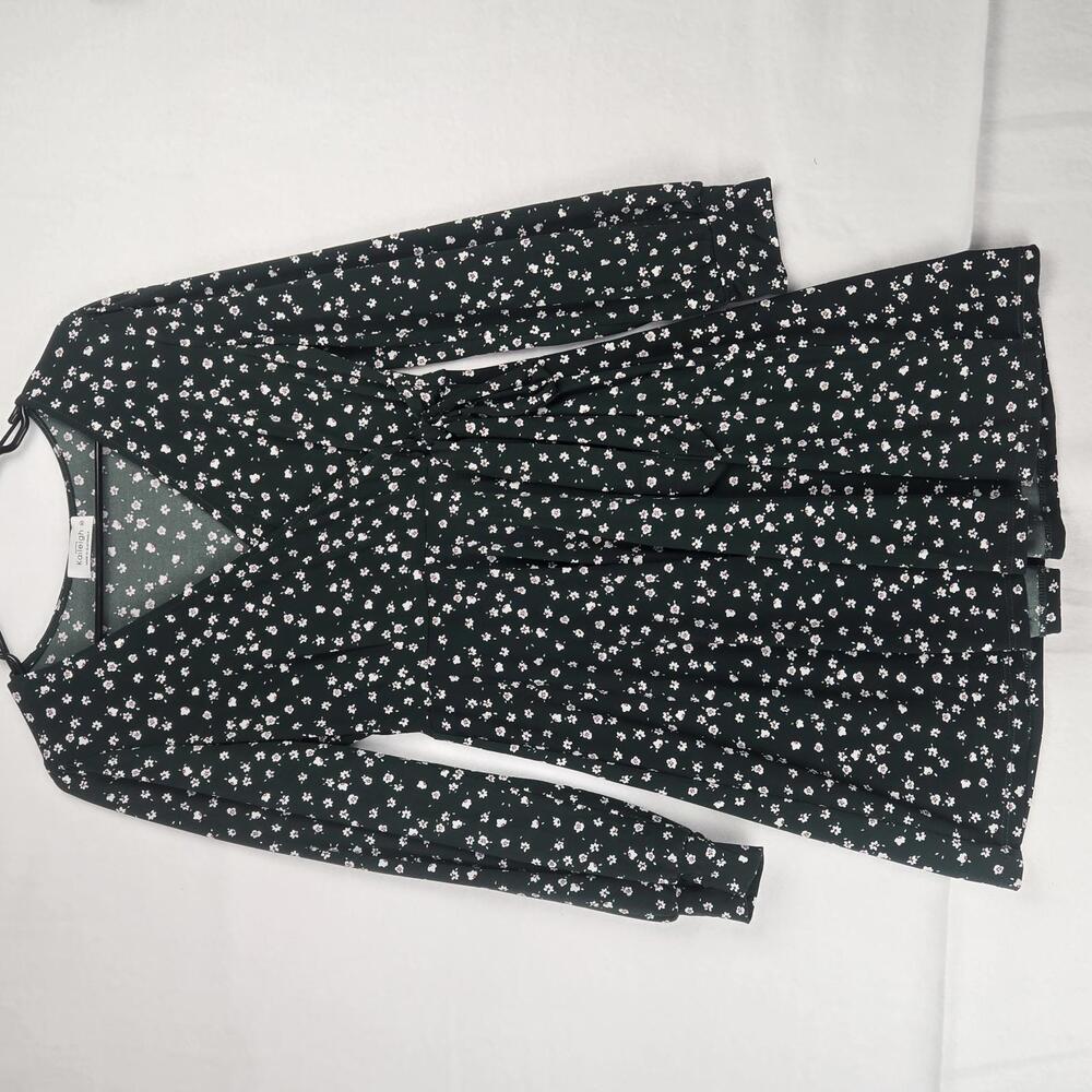 Kaileigh V-neck Long Puff Sleeve Dark Green Floral Faux Wrap Dress Size SP